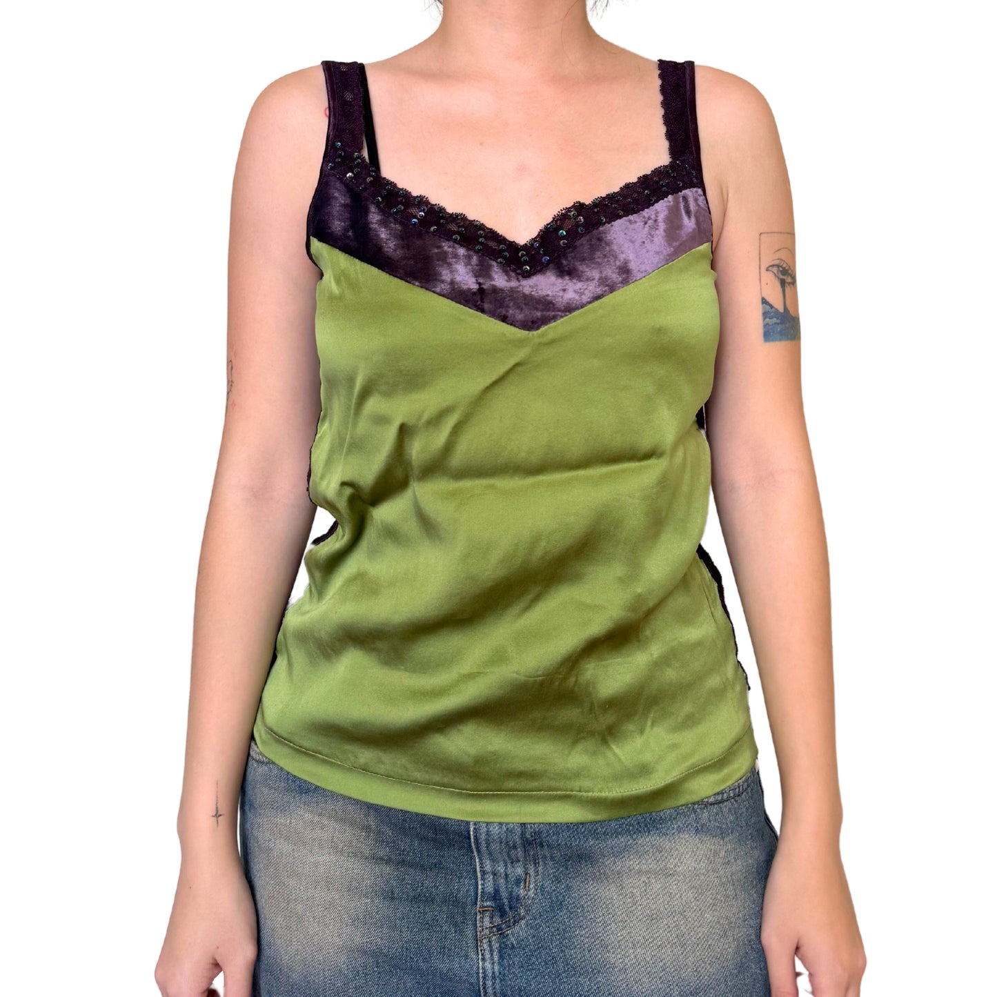 Vintage 2000s Y2k Green Purple Lace Satin Cami