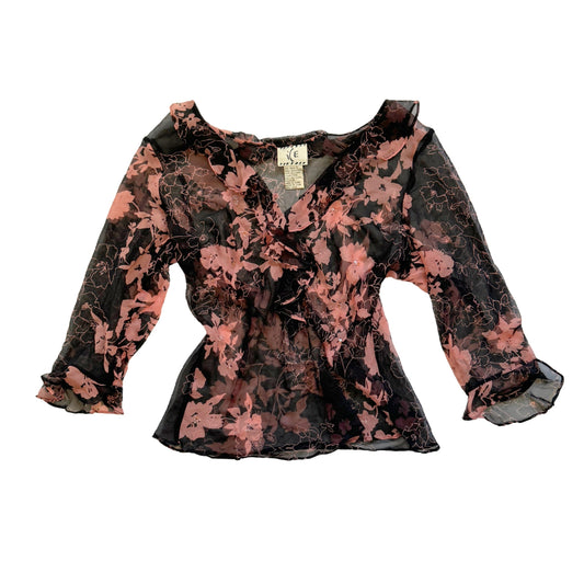 Vintage 2000s Y2k Ice Black Pink Floral Sheer Blouse