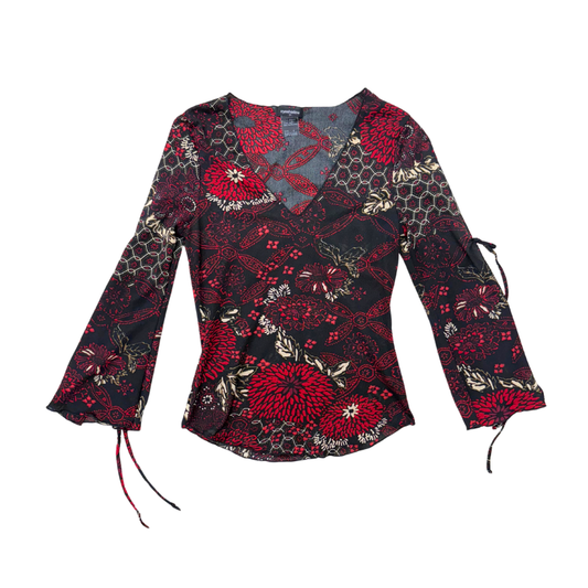 Eyeshadow Black Red Paisley Mesh Bell Sleeve Top