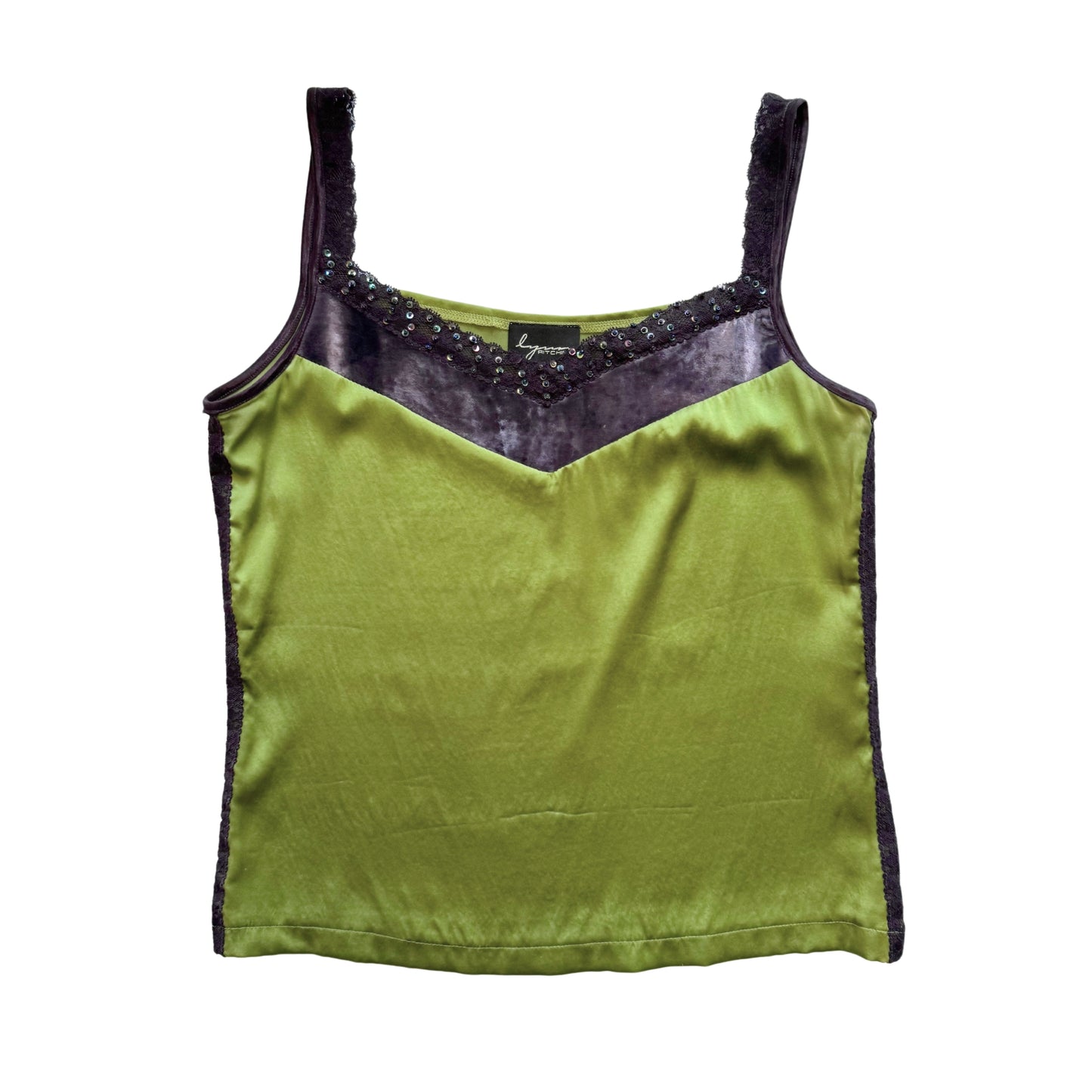 Vintage 2000s Y2k Green Purple Lace Satin Cami