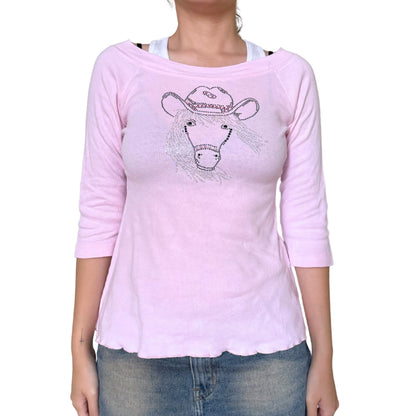 Vintage 2000s Y2k Ferocious Chix Baby Pink Beaded Horse Graphic 3/4 Sleeve Top