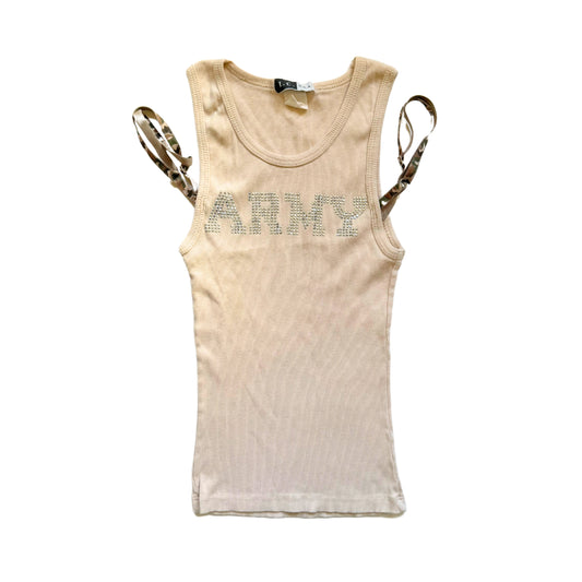 Vintage 2000s Y2k I.C. Beige Army Tank Top With Camo Bra Straps