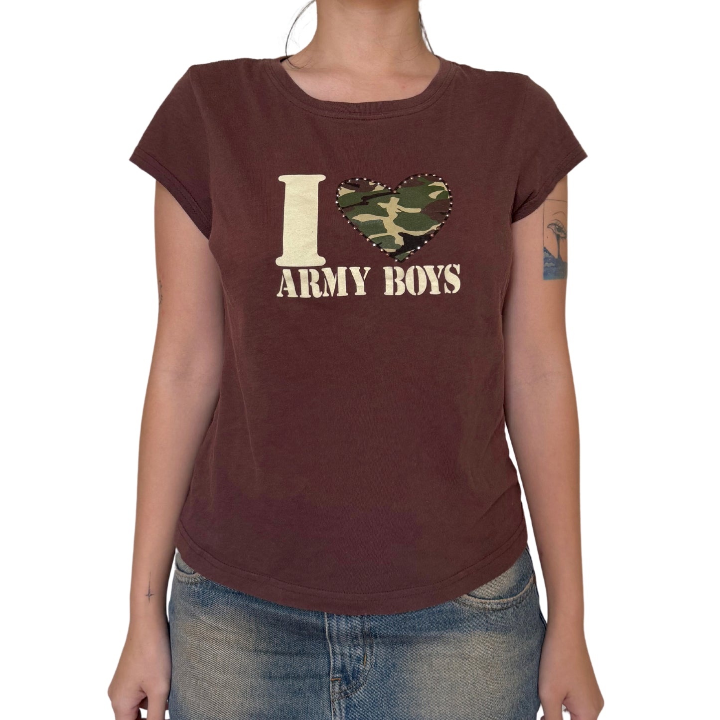 Vintage 2000s Y2k Self Esteem I Love Army Boys Brown Graphic Tee
