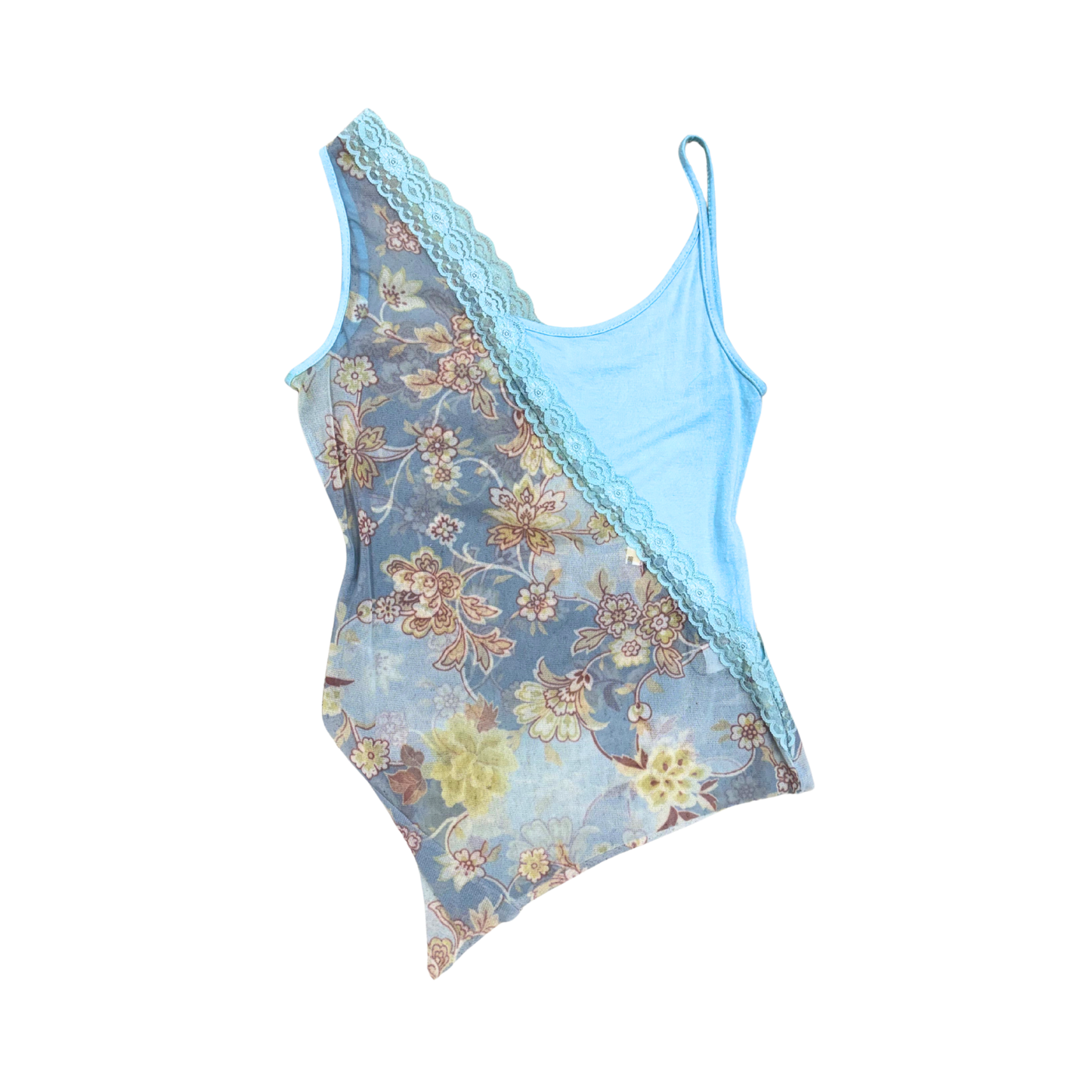 Blue Floral Half Mesh Tank Top