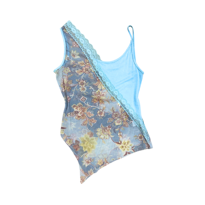 Blue Floral Half Mesh Tank Top