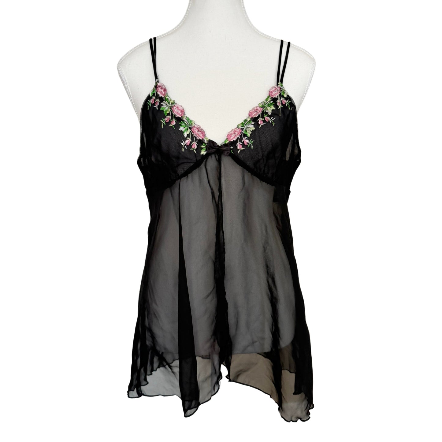 Vintage 2000s Y2k Black Mesh Floral Slip Dress