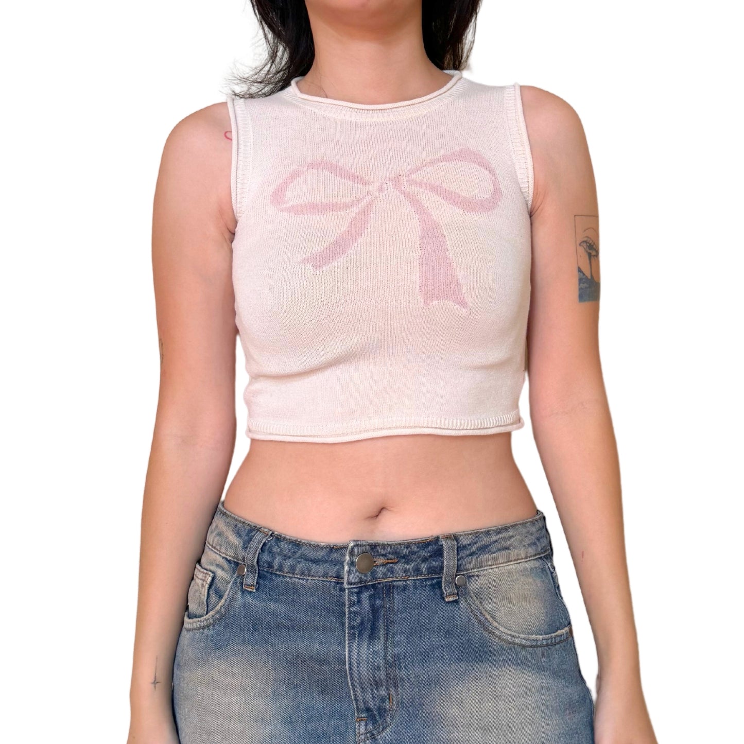 Y2k Cream Knitted Bow Tank Top
