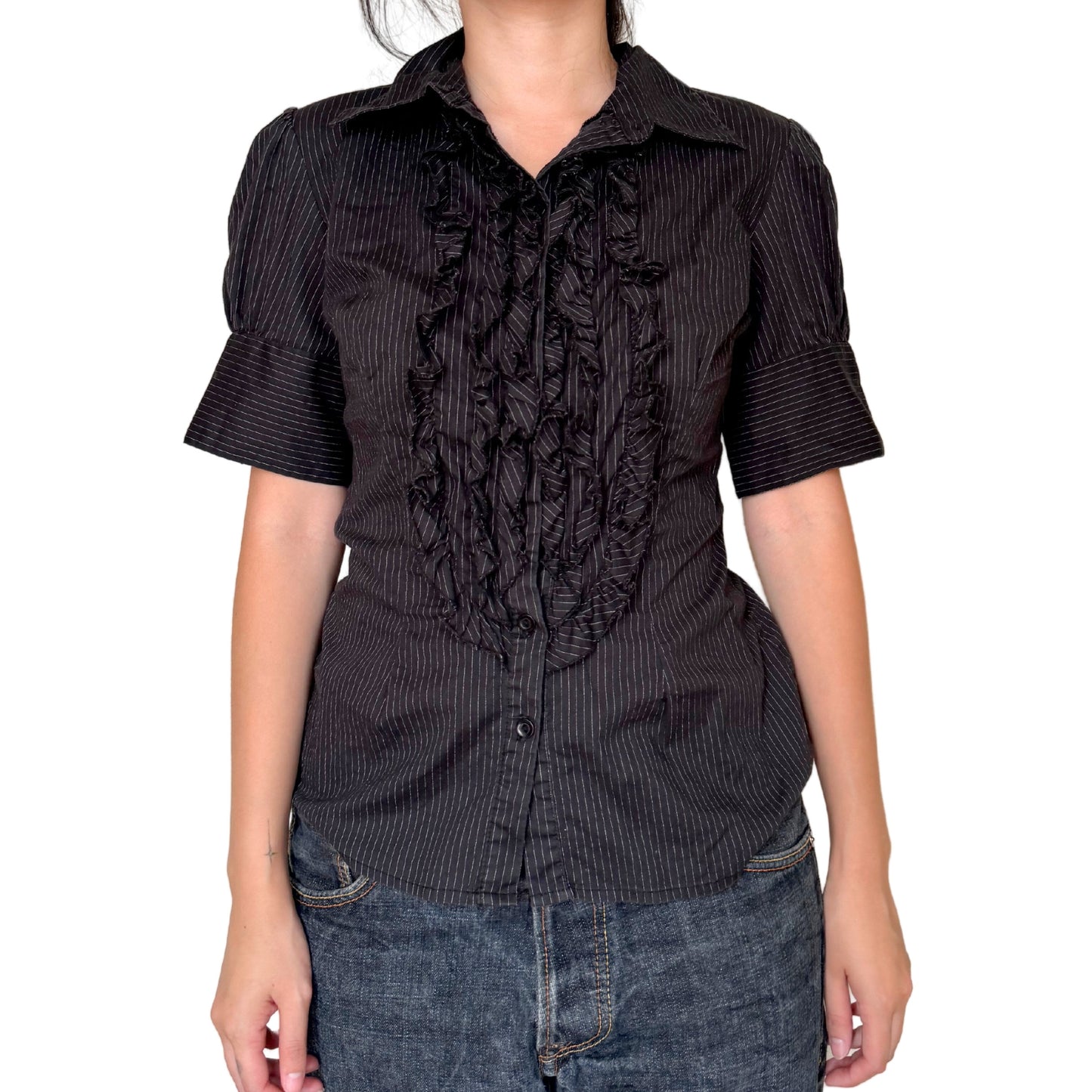 Vintage 2000s Y2k Wet Seal Black Pinstriped Shirt