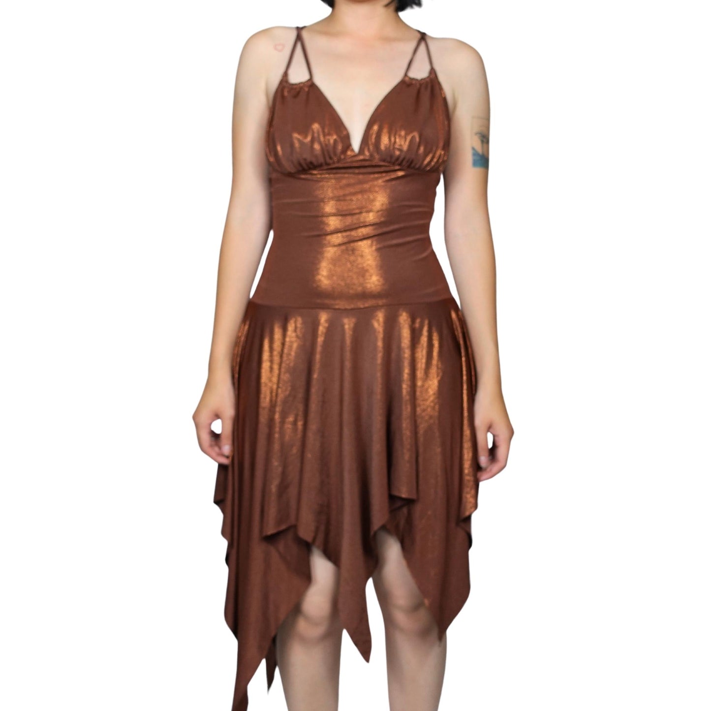 Vintage 2000s Y2k V.O.V.O Copper Shiny Asymmetrical Dress