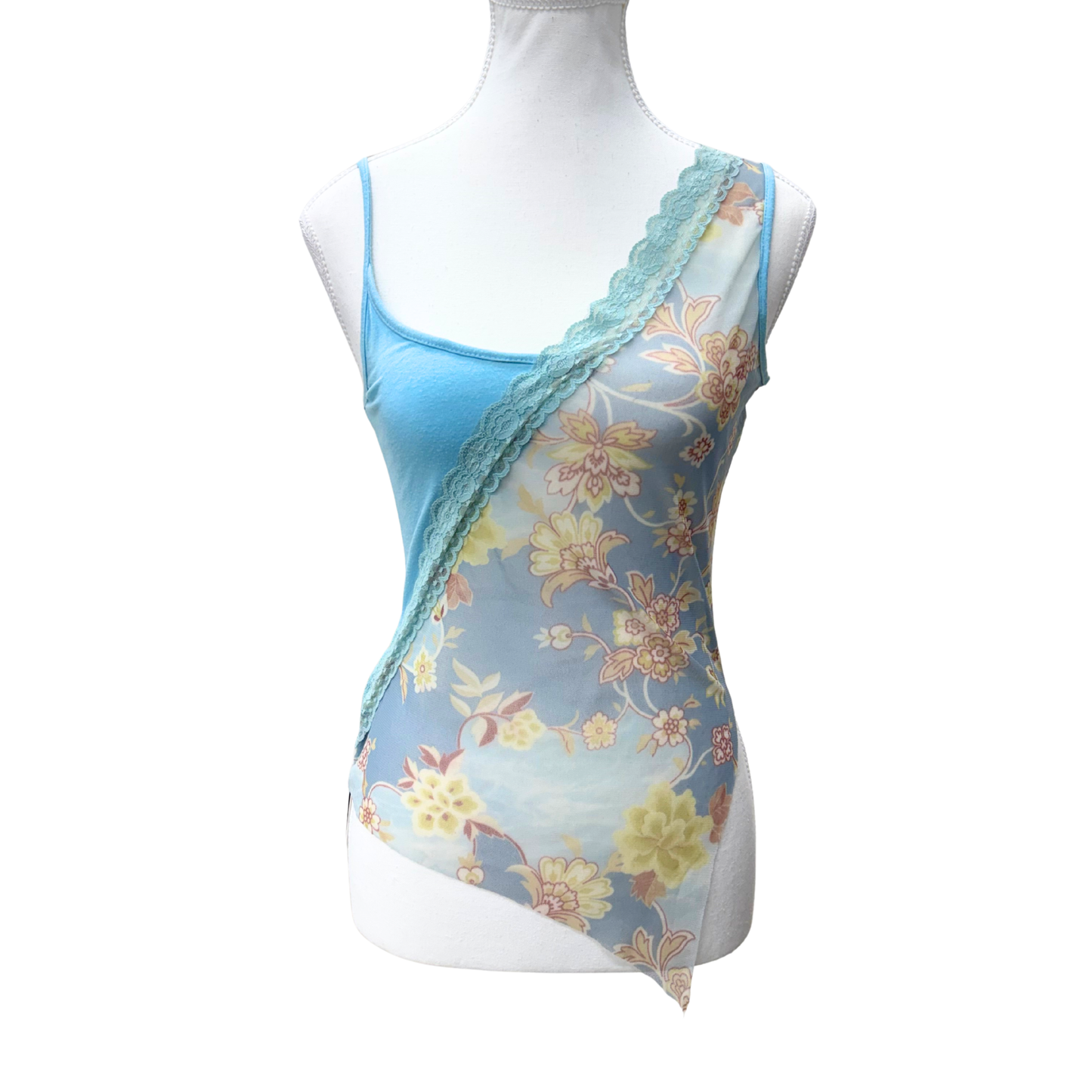 Blue Floral Half Mesh Tank Top