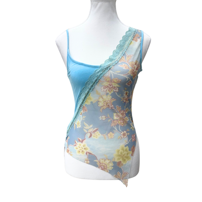Blue Floral Half Mesh Tank Top