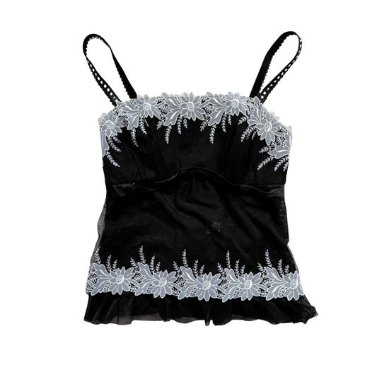 Vintage 2000s Y2k 18eighteen Black Mesh Corset With White Floral Details