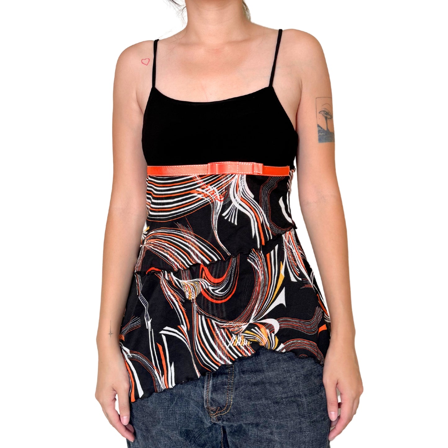 Vintage 2000s Y2k Untie Black Orange Abstract Tank Top