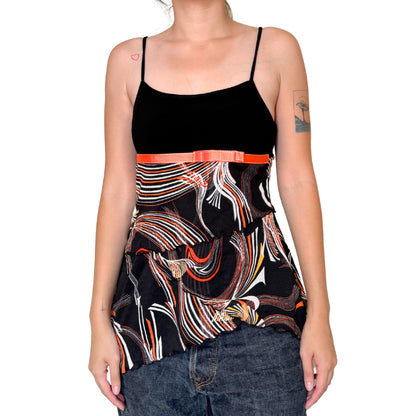 Vintage 2000s Y2k Untie Black Orange Abstract Tank Top