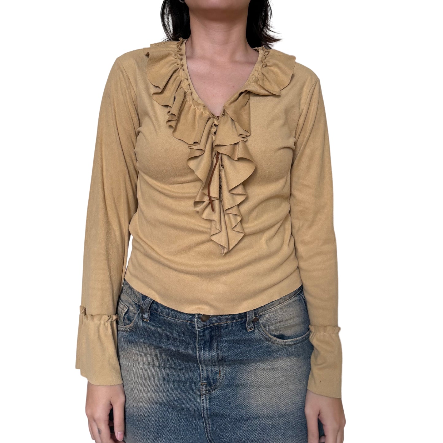 Vintage 2000s Y2k Misdemeanor Tan Ruffle Long Sleeve Top