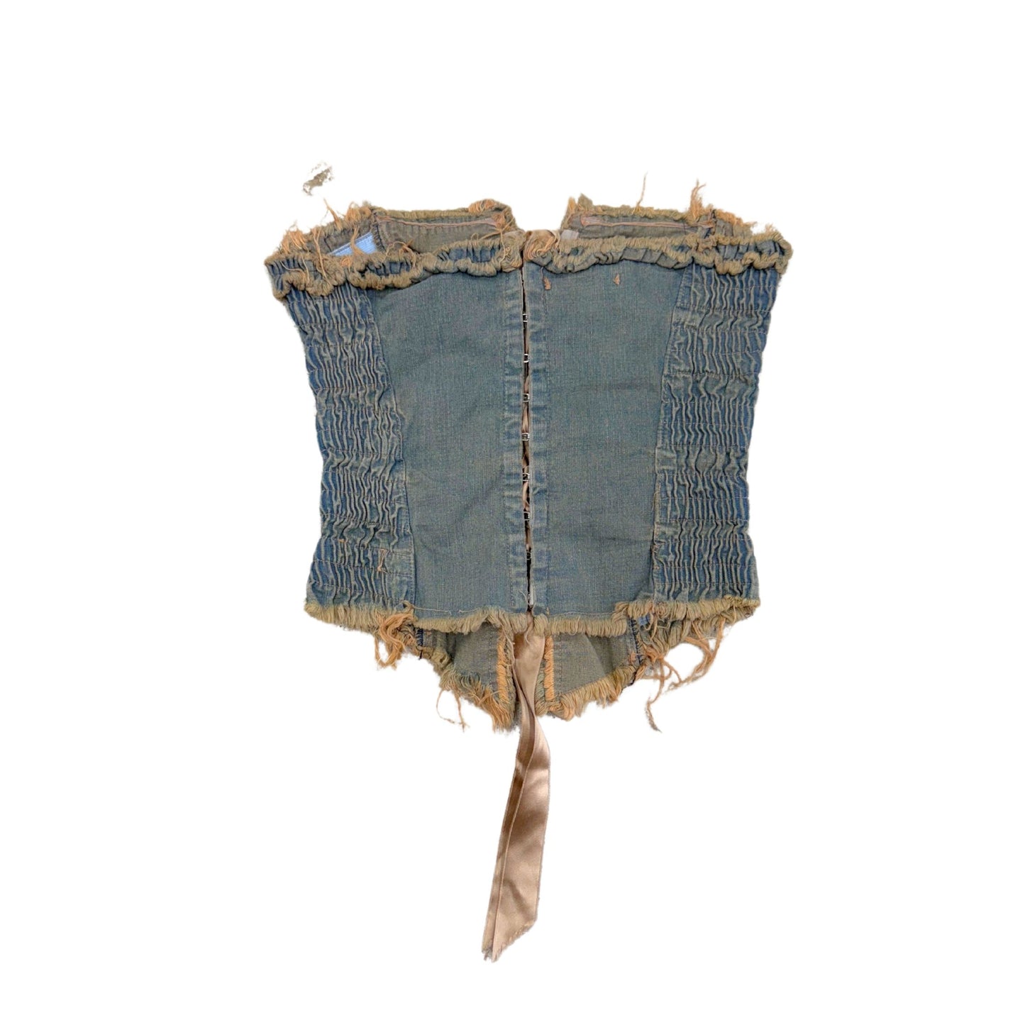 Anima Denim Ruched Lace Up Strapless Top