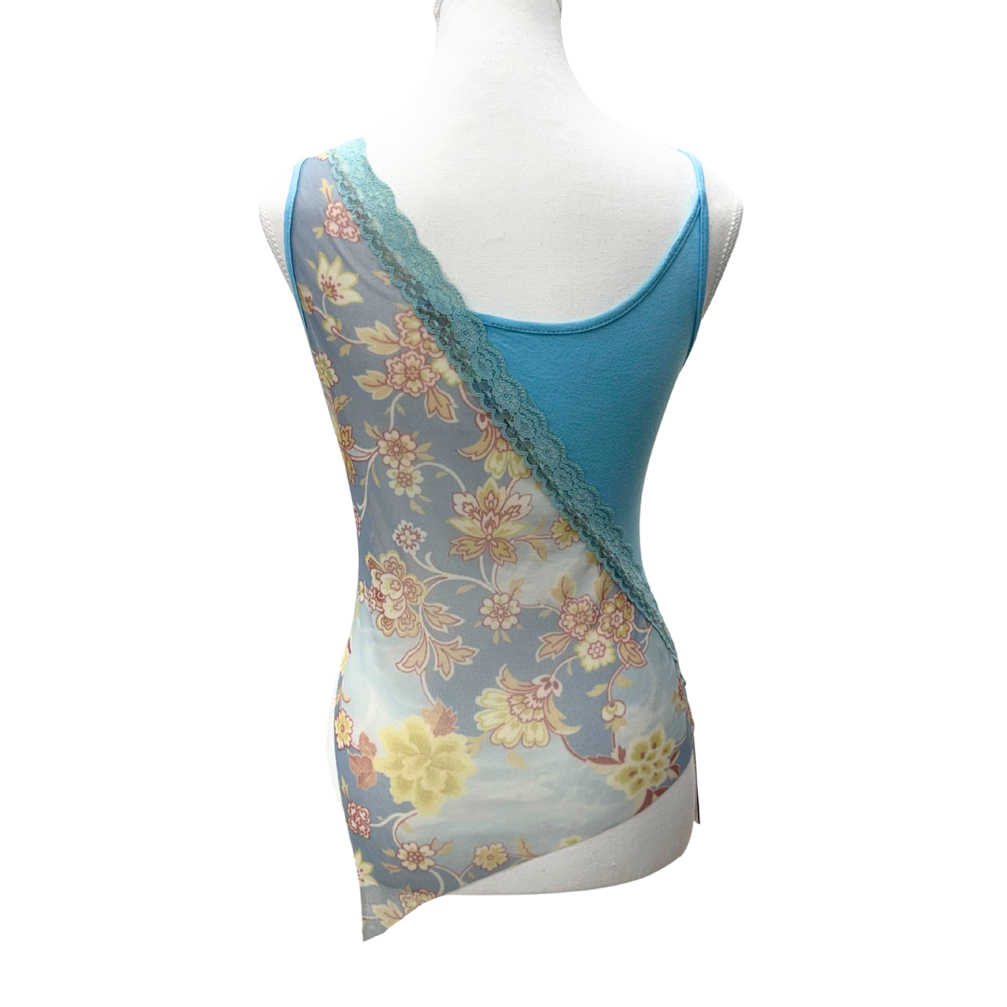 Blue Floral Half Mesh Tank Top