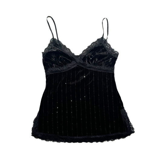 Vintage 2000s Y2k Fire Black Velvet Lace Cami