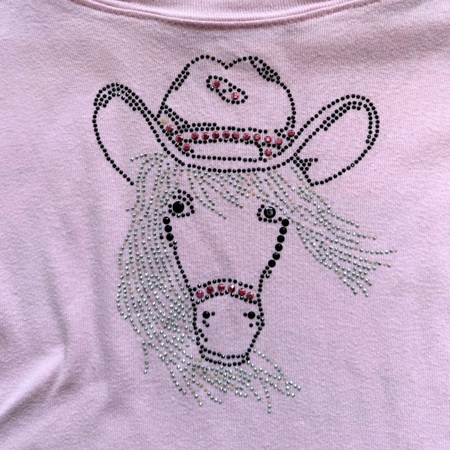 Vintage 2000s Y2k Ferocious Chix Baby Pink Beaded Horse Graphic 3/4 Sleeve Top