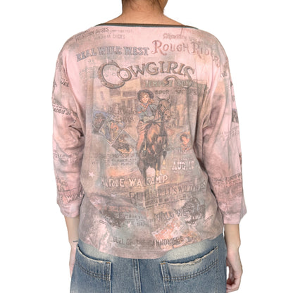 Vintage 2000s Y2k Cactus Pink Cow Girl Graphic Top