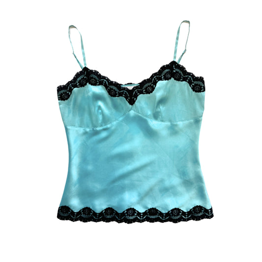 Vintage 2000s Y2k Cash Teal Satin Lace Trim Cami